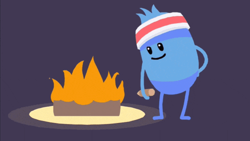 a cartoon character wearing a headband and a towel is running towards a fire