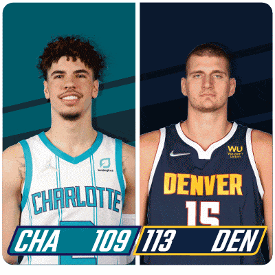 two basketball players from charlotte and denver are standing next to each other