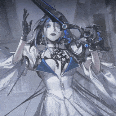 a woman in a white dress is holding a black sword