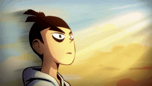 a cartoon of a man with a ponytail looks to the side