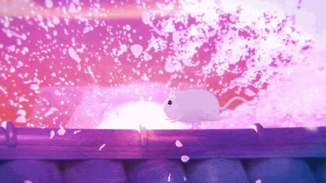 a white mouse is walking in front of a purple background with flowers falling