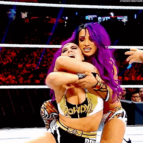 two women are wrestling in a ring and one has purple hair .