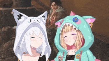 a couple of anime girls are standing next to each other and smiling