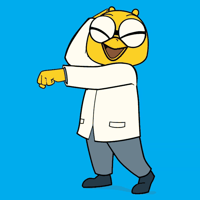 a cartoon of a duck wearing a lab coat