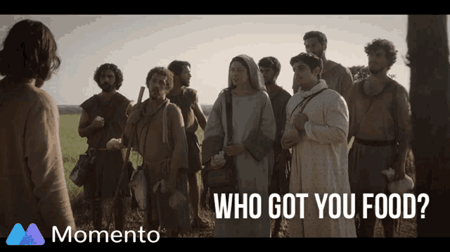 a group of people standing in a field with the words " who got you food "