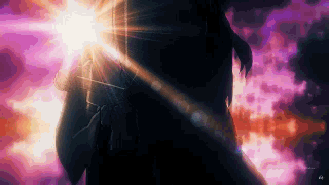 a person is standing in front of a purple and orange background with the sun shining through the clouds