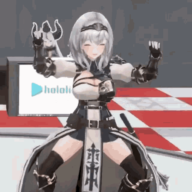 a 3d anime girl is standing on a checkered floor .