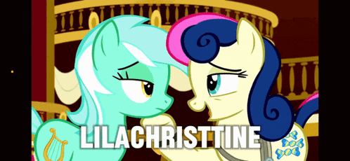 a couple of ponies standing next to each other with the name lilachristine on the bottom