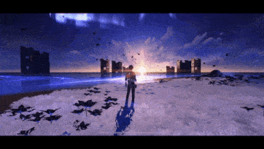 a person in a video game is standing in a field with a castle in the background