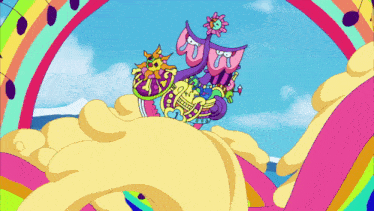 a cartoon drawing of a colorful object with a rainbow in the background and the letter j on it
