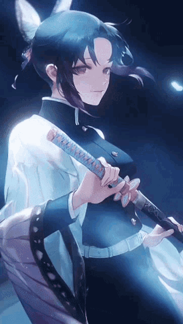a girl holding a sword with a butterfly in her hair