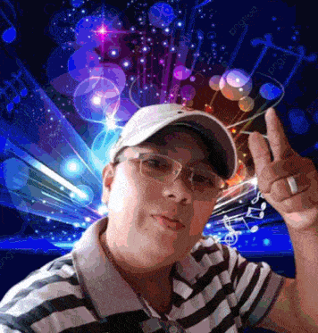 a man wearing glasses and a baseball cap is giving a peace sign