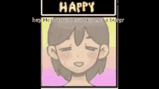 a pixel art of a girl with the words " happy " above her