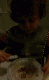 a child in a green bib is eating from a plate
