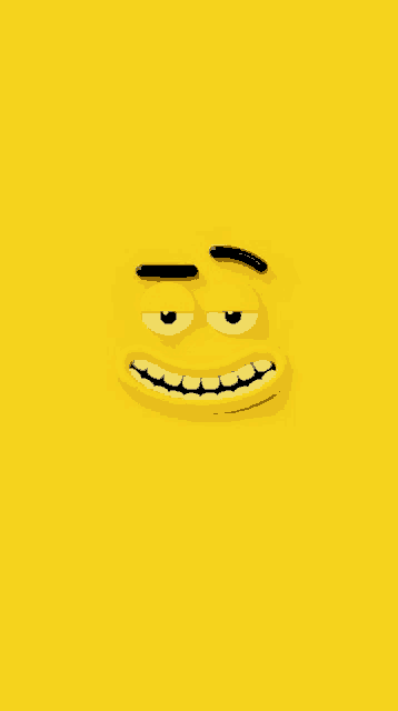 a yellow smiley face with black eyebrows and teeth