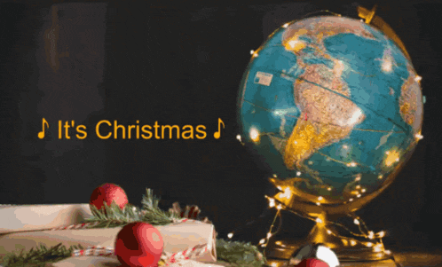 a picture of a globe and christmas decorations with the words " it 's christmas all over the world " behind it