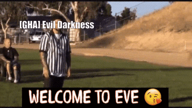 a man in a striped shirt stands on a field with the words welcome to eve
