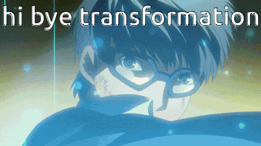 a pixelated image of a man with glasses and the words hi bye transformation below him