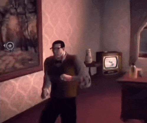 a man in a video game is standing in a room with a tv and a painting on the wall