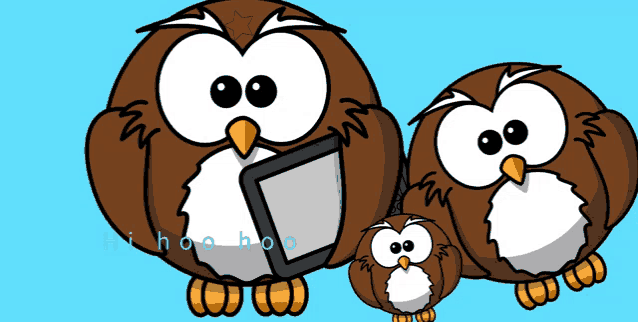 three cartoon owls are standing next to each other on a blue background with the letters hihoo hoo written on the bottom