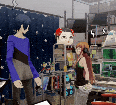 a man and a woman are standing in a room with a doll on a shelf