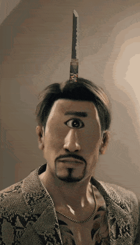 a man with a knife on his head has one eye