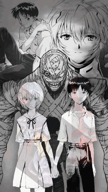 a couple of anime characters holding hands in front of a drawing of a monster