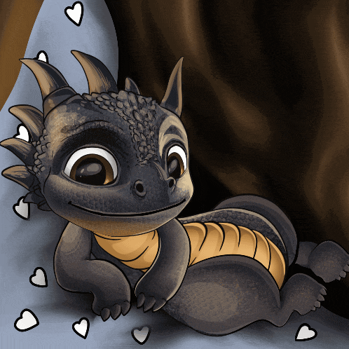 a cartoon drawing of a dragon with hearts surrounding it