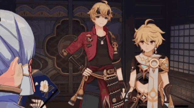 two anime characters are standing next to each other and one of them has a sword