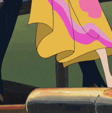 a cartoon of a woman in a yellow and pink dress standing on a rock .