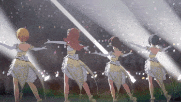 a group of anime girls are dancing on stage
