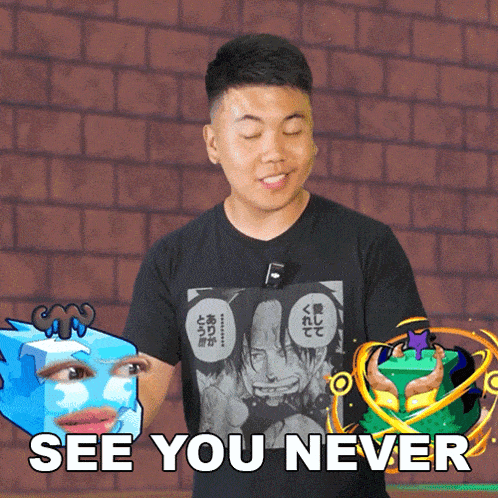 a man wearing a shirt that says see you never stands in front of a brick wall