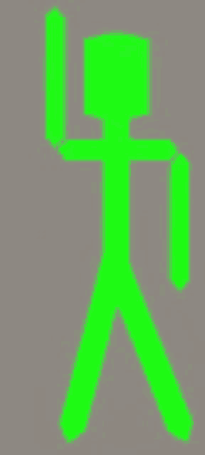 a green stick figure with a sword in his hand on a grey background .