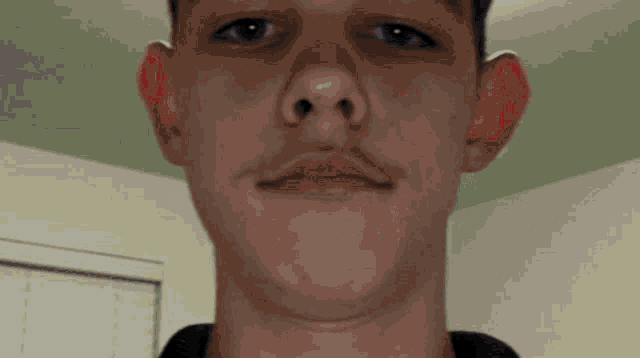 a man with a mustache looks at the camera