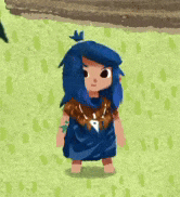 a cartoon character with blue hair and a necklace