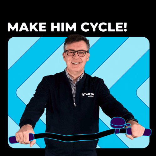 a man wearing a varta jacket holds a bicycle handlebar