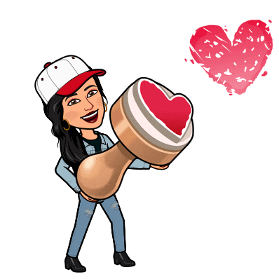 a cartoon of a woman holding a heart shaped stamp