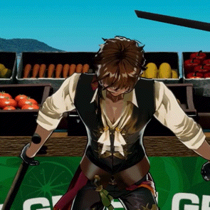 a cartoon character holding a sword in front of a sign that says g.