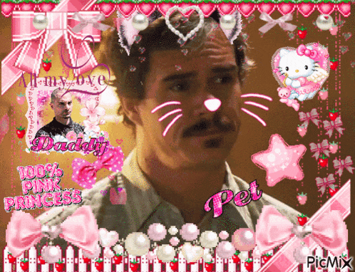 a man with a cat face is surrounded by pink bows and hearts with the words pet on the bottom