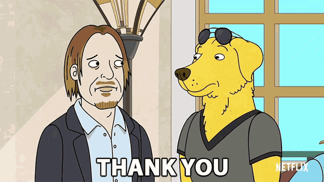 a man and a yellow dog are standing next to each other and the dog says thank you