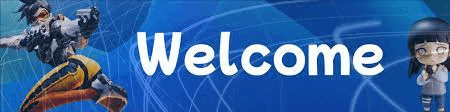a blue background with the words `` welcome '' and a cartoon character .