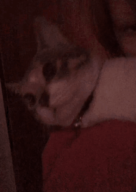 a close up of a person wearing a red sweater