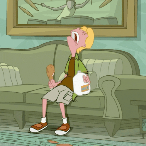 a cartoon character sitting on a couch holding a gallon of milk and a chicken wing