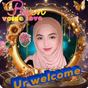 a picture of a woman in a hijab is surrounded by flowers and butterflies and says ur welcome