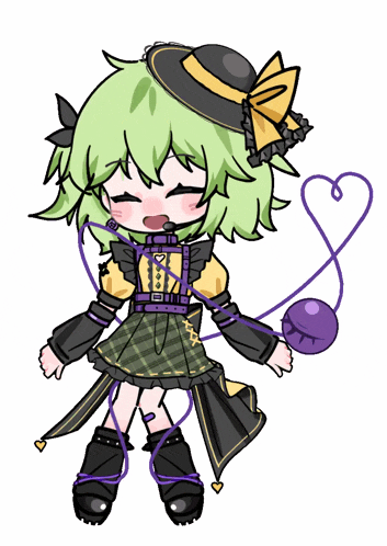 a drawing of a girl with green hair and a black hat