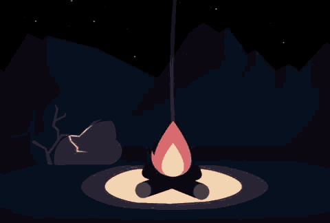 an illustration of a campfire with a flame hanging from a rope