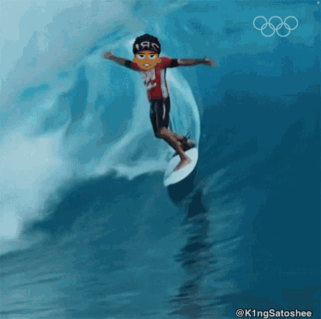 a cartoon of a surfer is riding a wave with the olympic rings in the background