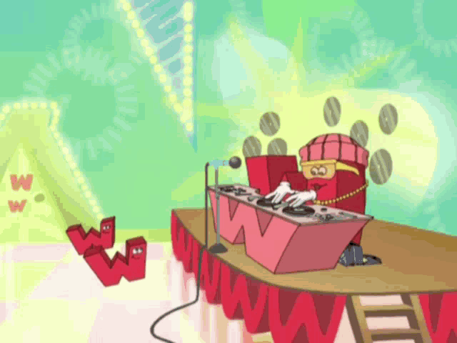 a cartoon character with the letter w on his head is playing a dj set