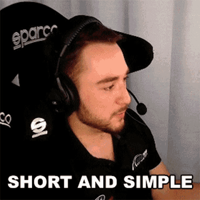 a man wearing headphones and a hat with the words short and simple written below him