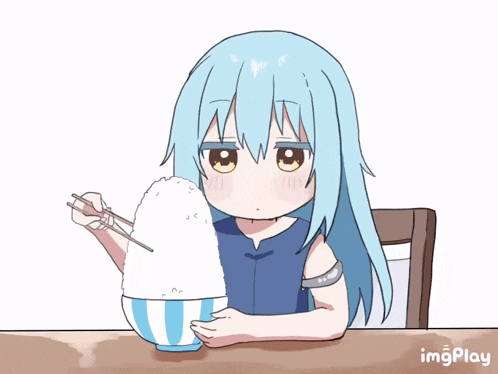 a cartoon of a girl with blue hair eating rice with chopsticks from a bowl